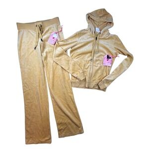 Blu Chic Y2K Velour Tracksuit Hoodie Pants Set Mustard Yellow Medium -spots